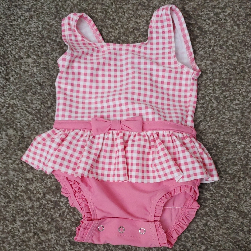 BNWT Ruffle Butts 6-12mo bubblegum pink gingham print one piece bathing suit